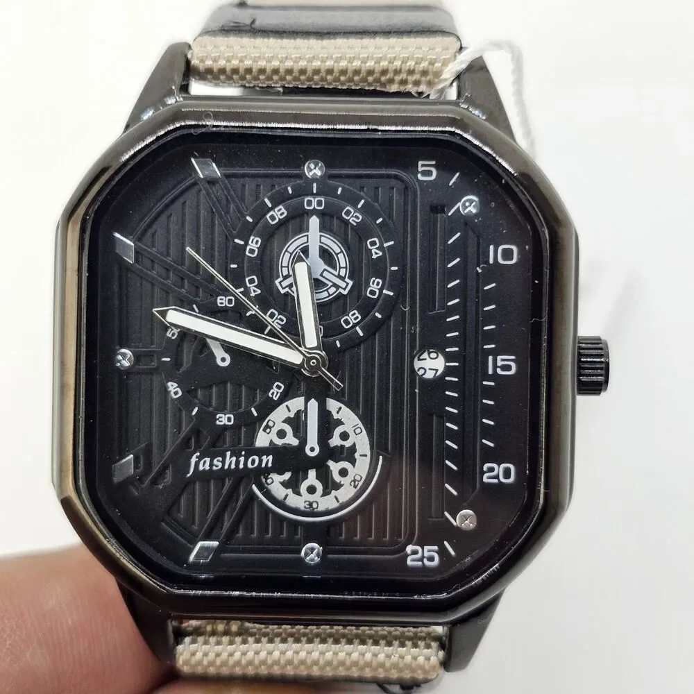 Men's Watch 42MM Black Case Black Dial Date‎ Black Tan Canvas Band Straps